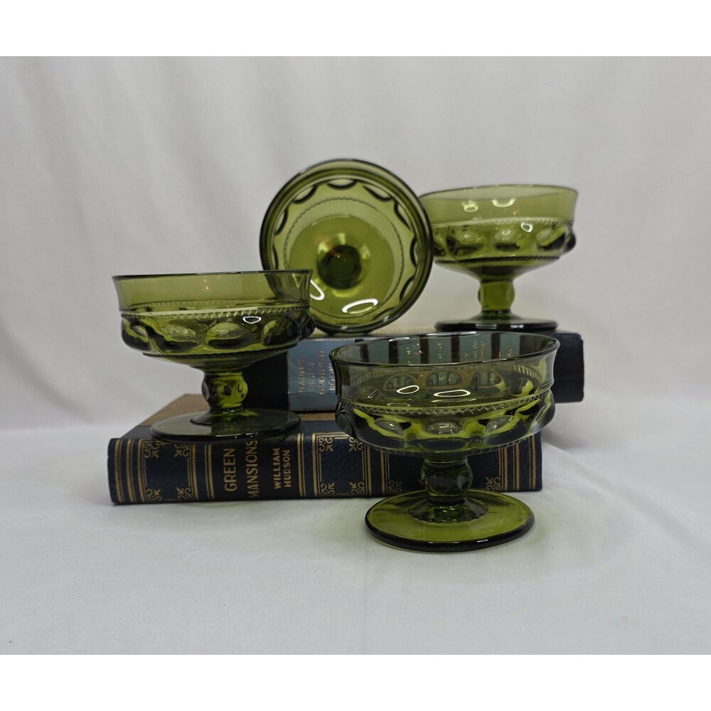 Vintage Indiana Glass Kings Crown Sherbet Glasses | Set 4 | Avocado Green | MCM